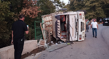 Tomruk yüklü kamyon devrildi