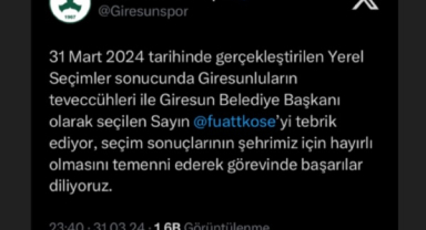 Giresunspor'dan Fuat Köse'ye tebrik