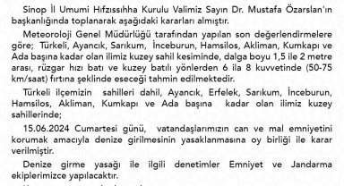Sinop'ta 1 günlük deniz yasağı