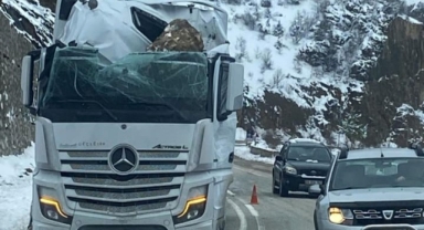 Gümüşhane’den Giresun istikametine seyir halinde olan tırın üzerine kaya düştü! Sürücü yaralandı   