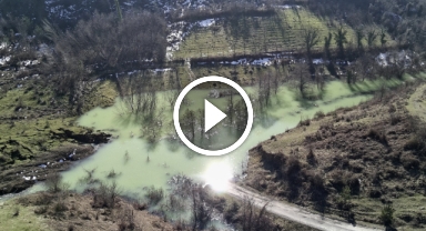 Heyelanda oluşan gölet havadan görüntülendi